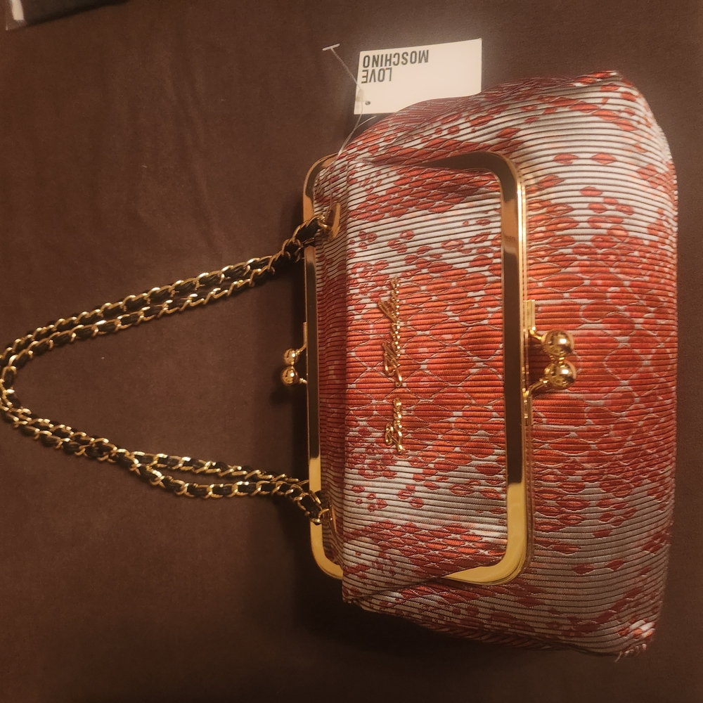 Love Moschino Red and Grey Clutch with Gold Frame and Chain Strap